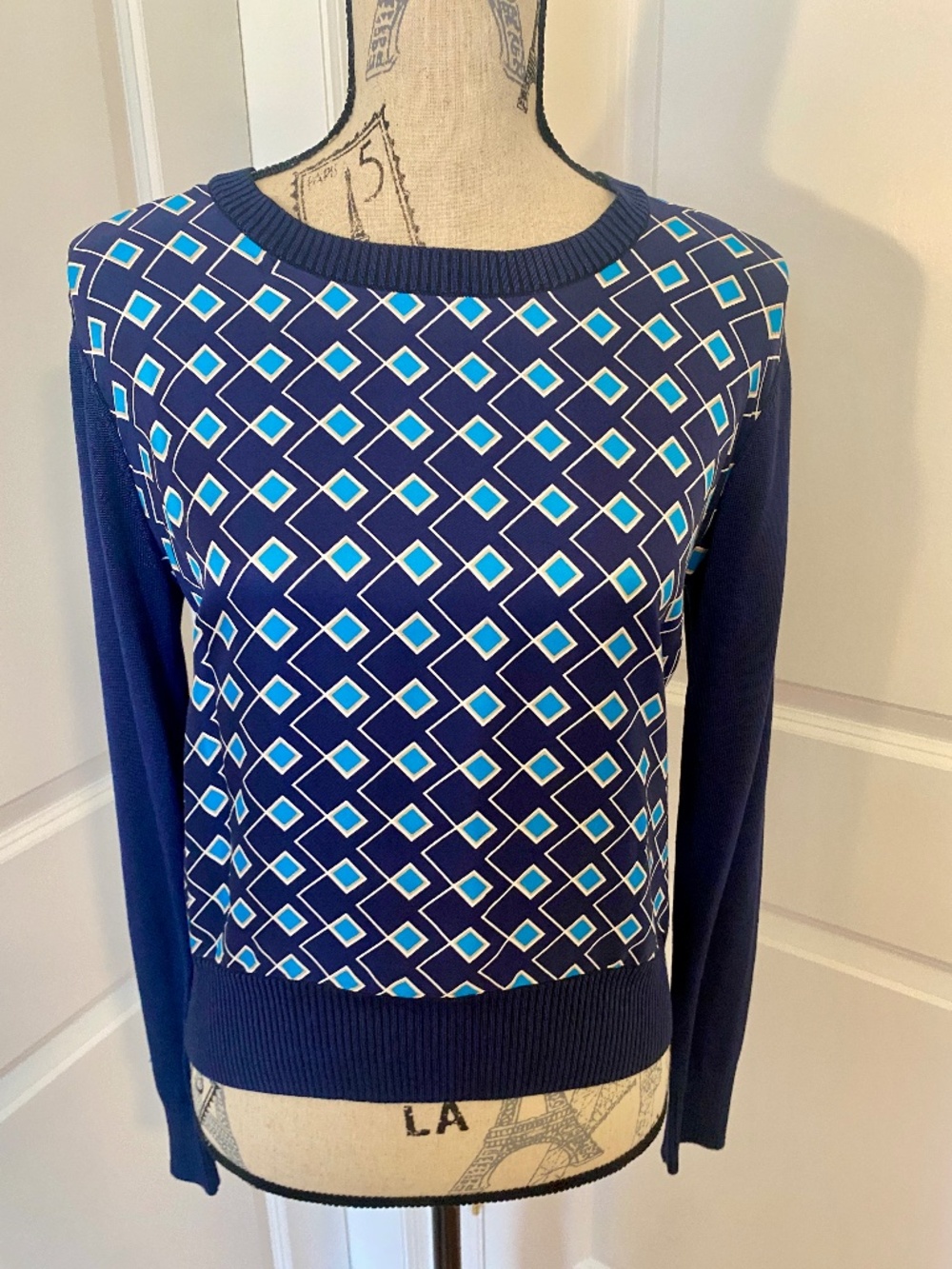 Diane Von Furstenberg Orla Woven Knit Navy Geometric Silk Crewneck Women Petite‎